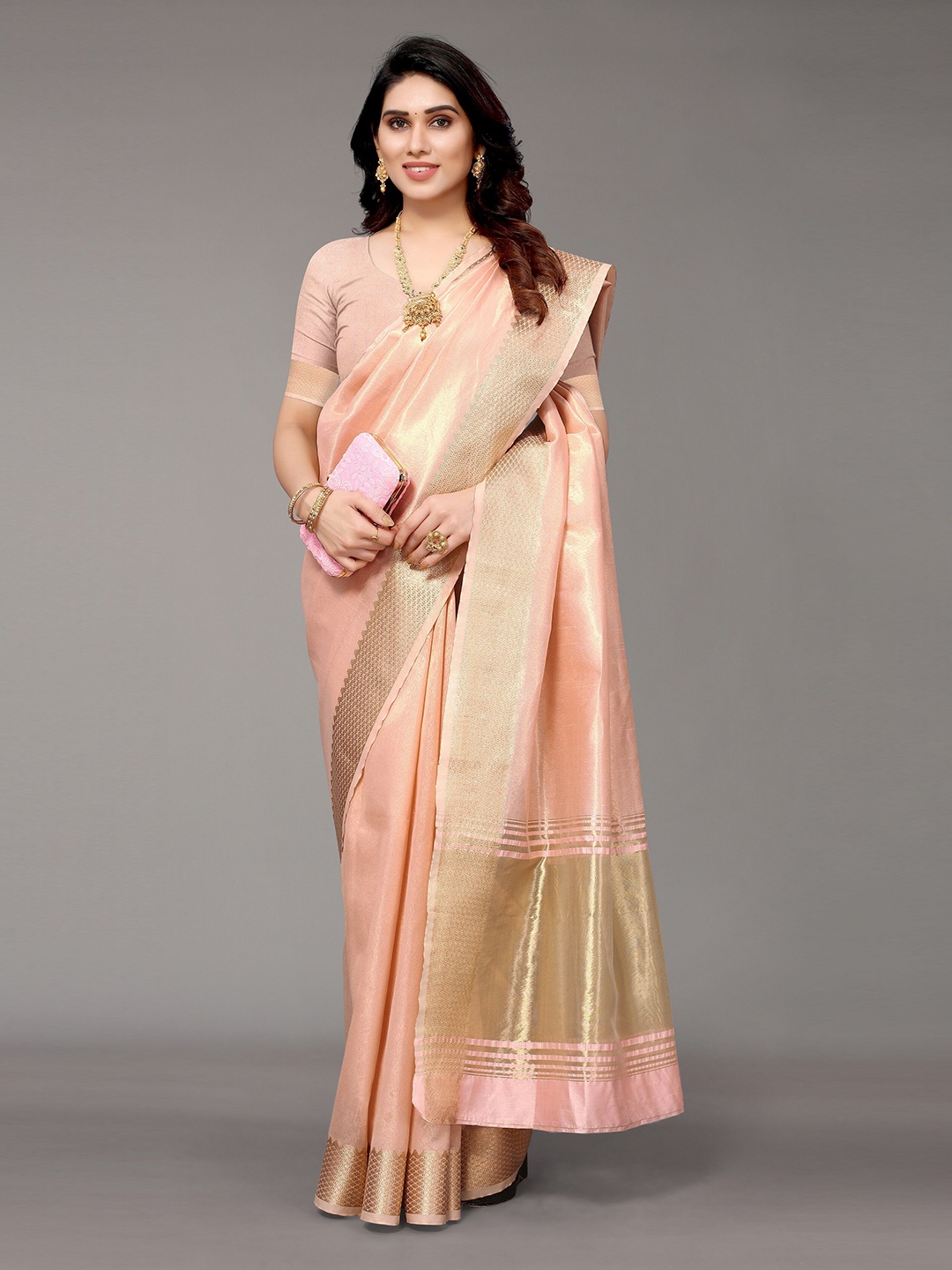 

Winza Designer Pink & Gold-Toned Woven Design Zari Silk Blend Banarasi Saree