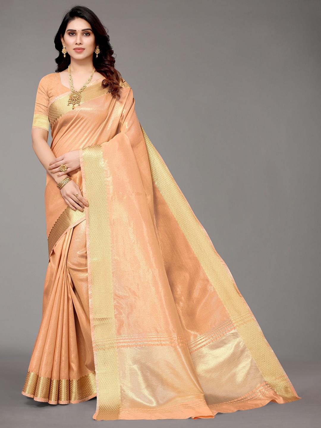 

Winza Designer Orange & Gold-Toned Woven Design Zari Silk Blend Banarasi Saree