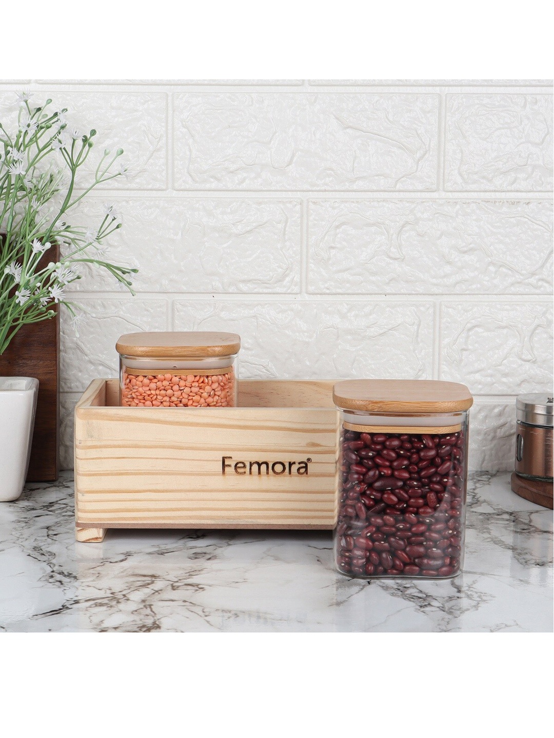 

Femora 3 Pieces of Transparent Solid Dishwasher safe Glass Jars With Wooden Tray