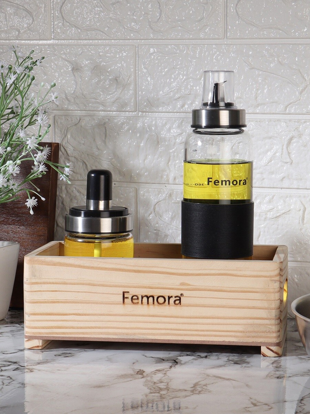 

Femora 3 Pieces of Glass Dishwasher safe Oil Bottle with Ghee Brush Jar & Tray, Transparent