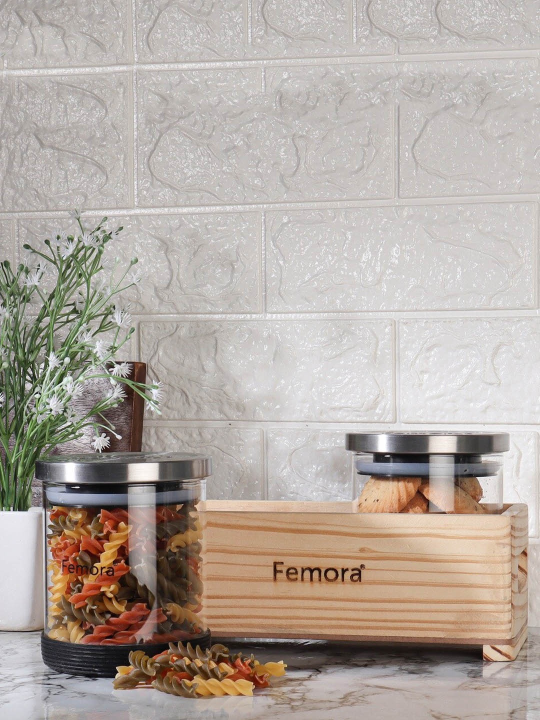 

Femora 3 Pieces of Transparent Solid Dishwasher safe Glass Storage Jars With Wooden Tray