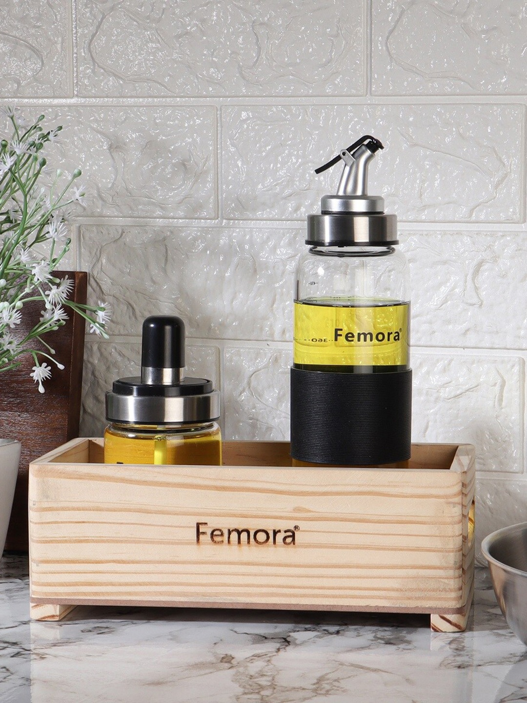 

Femora 3 Pieces of Transparent Glass Dishwasher safe Oil Dispenser Bottle With Wooden Tray