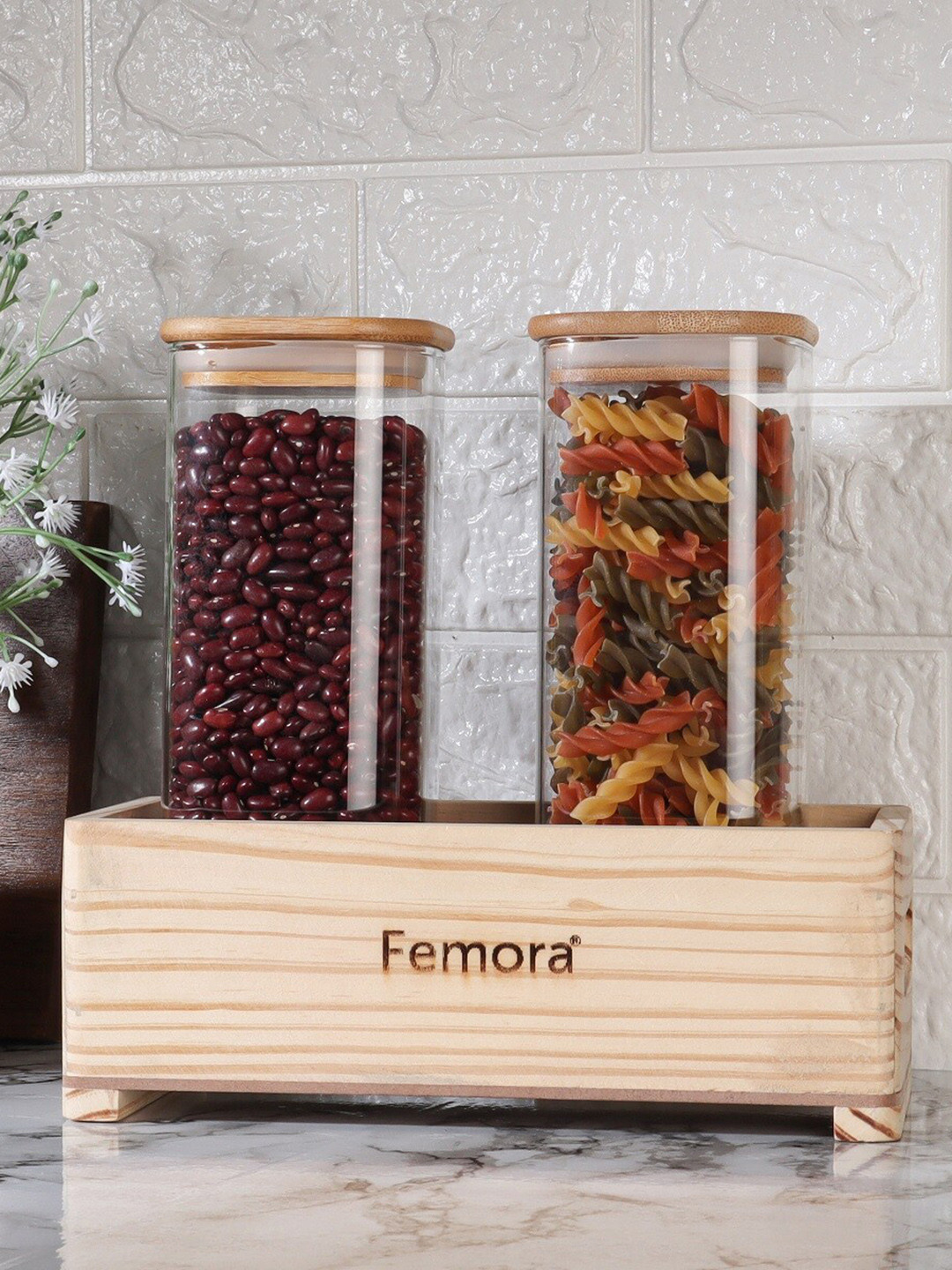 

Femora Set of 2 Transparent & Brown Glass Dishwasher safe Solid Jars With Tray