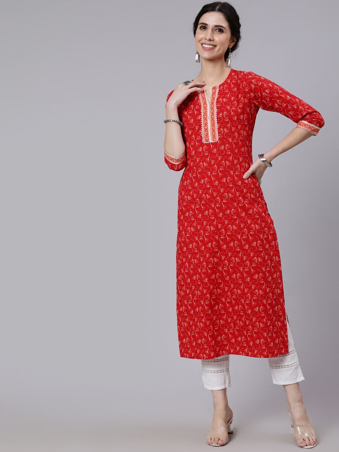 

AASI - HOUSE OF NAYO Women Red Floral Printed Keyhole Neck Kurta