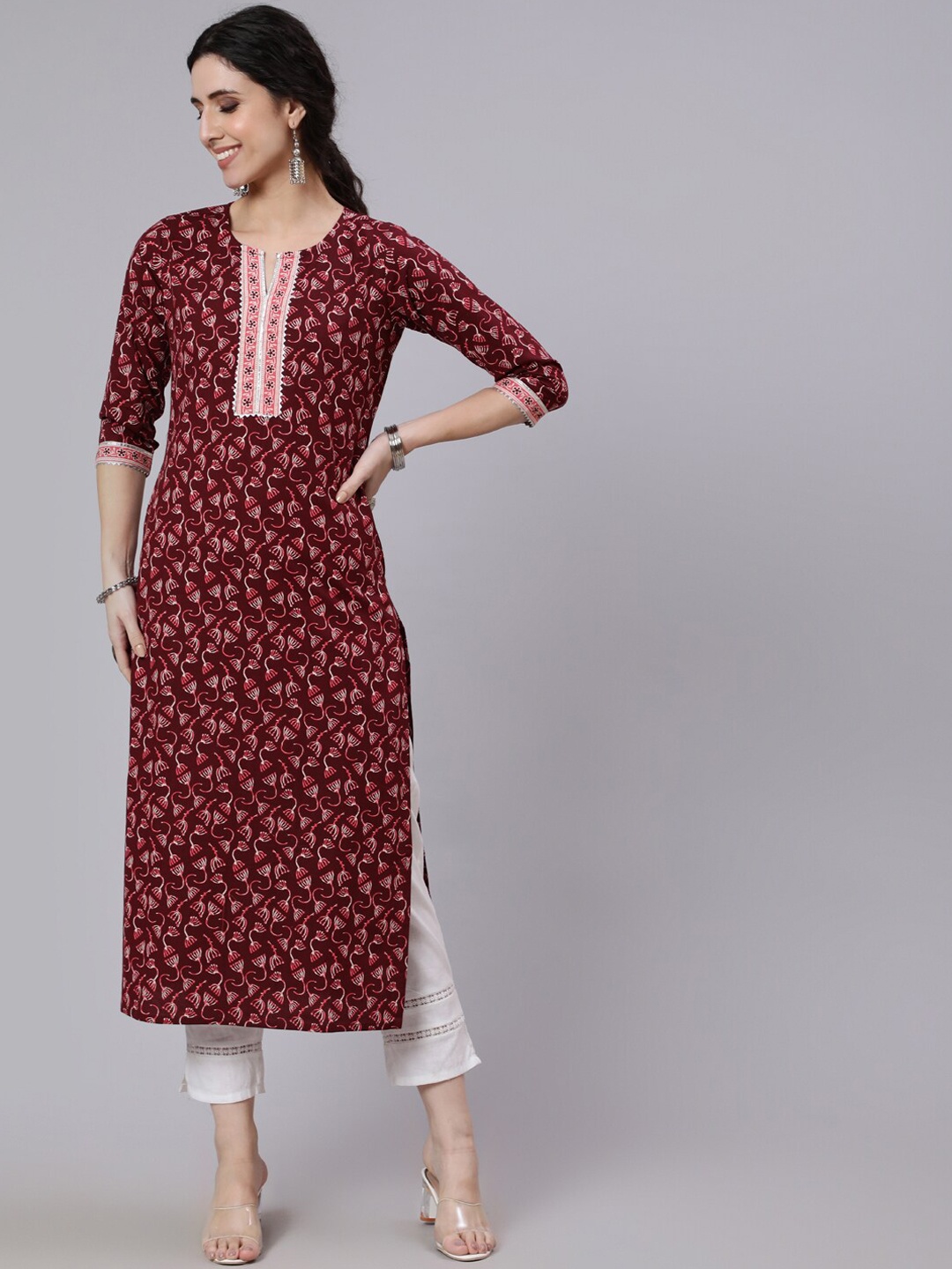 

AASI - HOUSE OF NAYO Women Burgundy Printed Straight Kurta