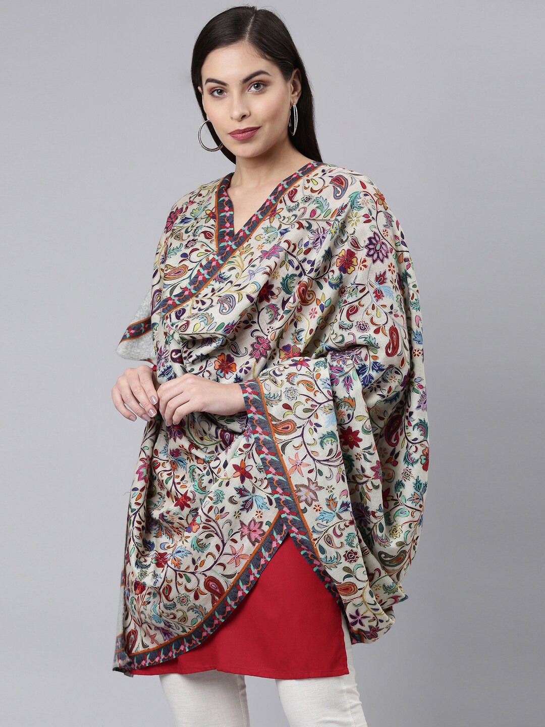 

Pashmoda Women White Printed Pure Wool Kalamkari Shawl