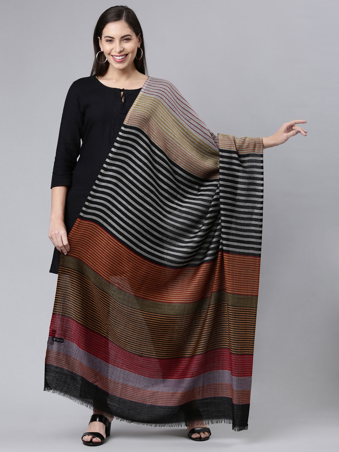 

Pashmoda Maroon & Grey Striped Pure Woolen Shawl