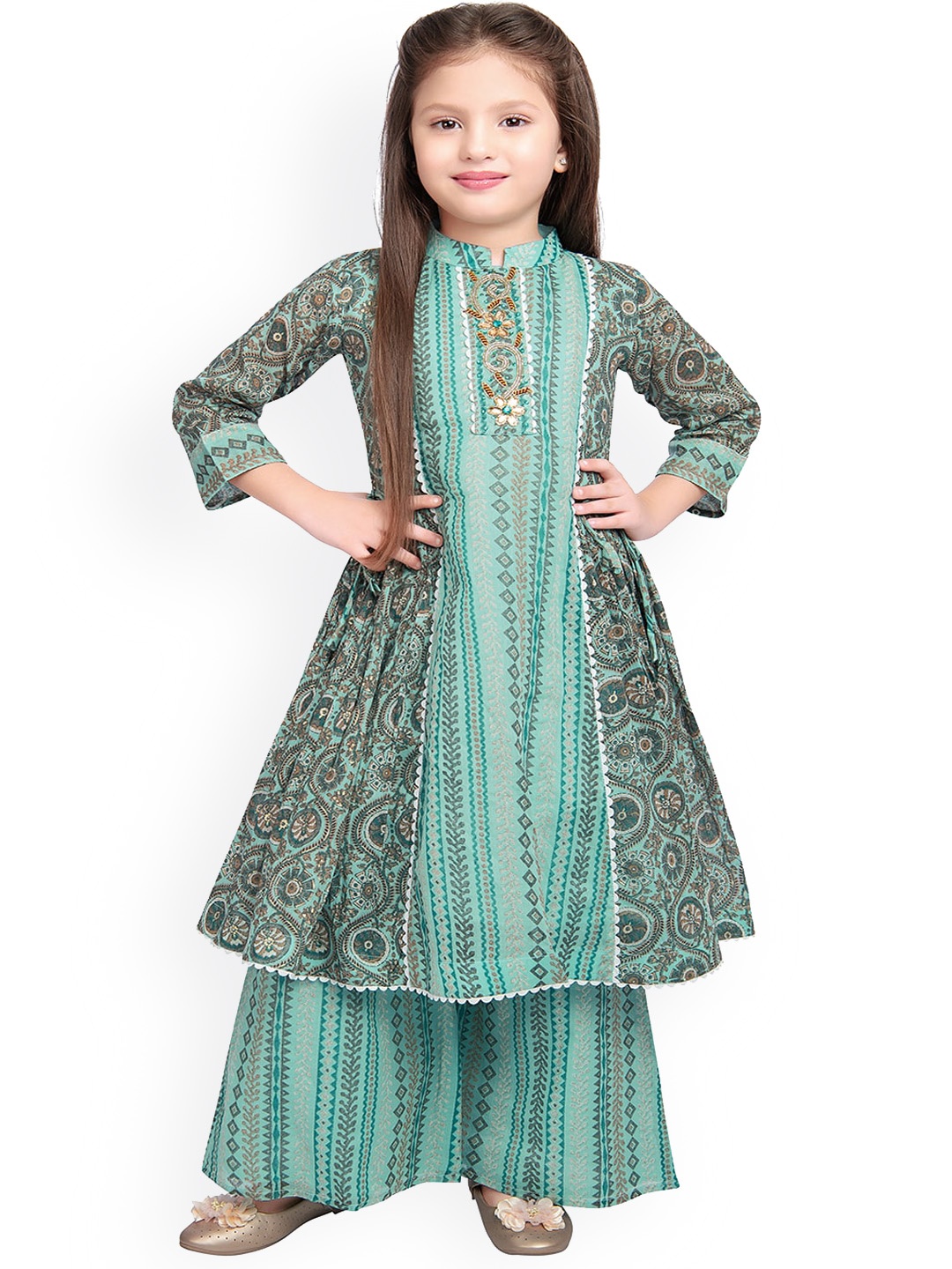 

Tiny Kingdom Girls Green Ethnic Motifs Printed Kurta with Palazzos