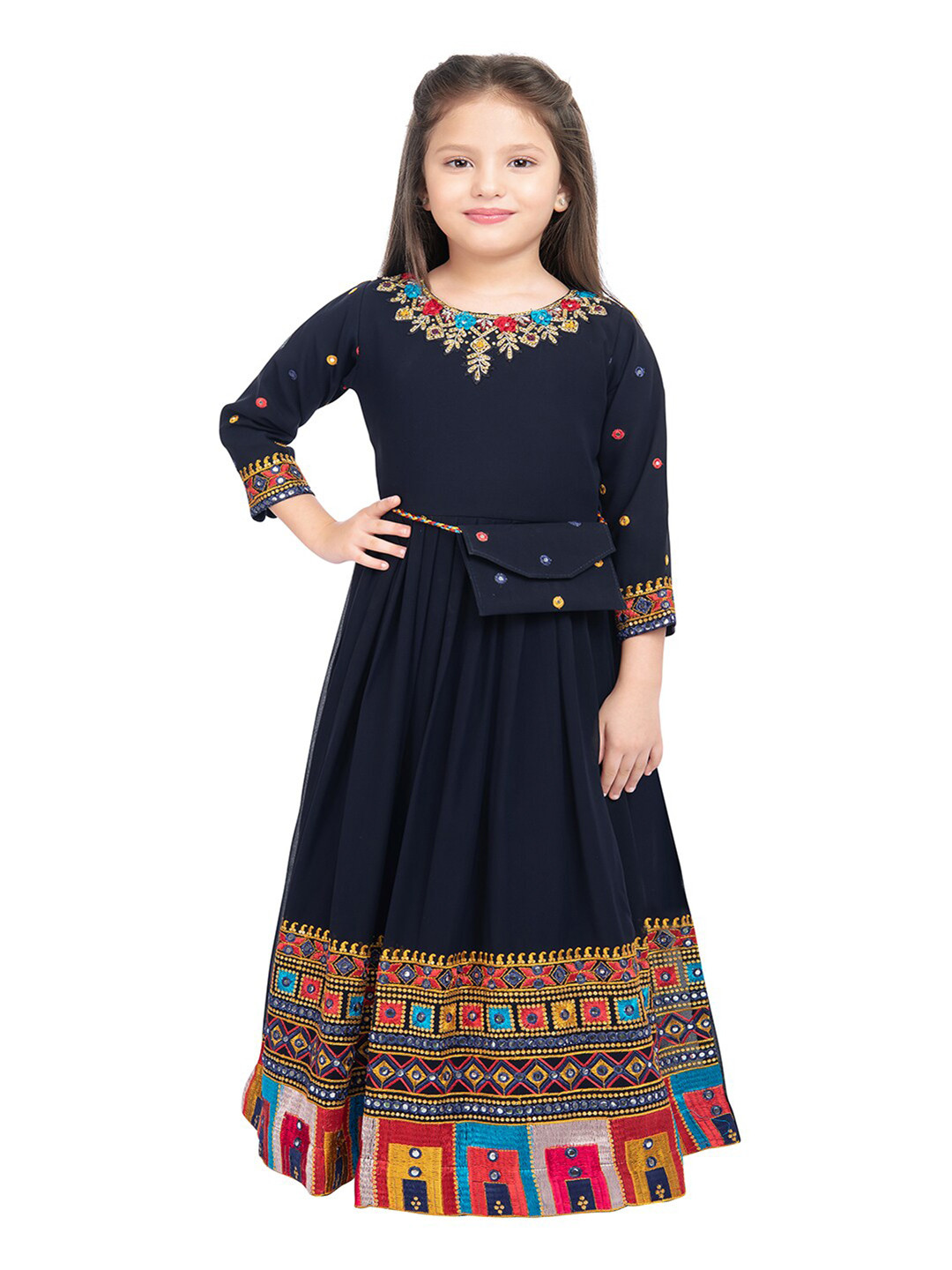 

Tiny Kingdom Navy Blue Embroidered Floral Georgette Ethnic Maxi Dress