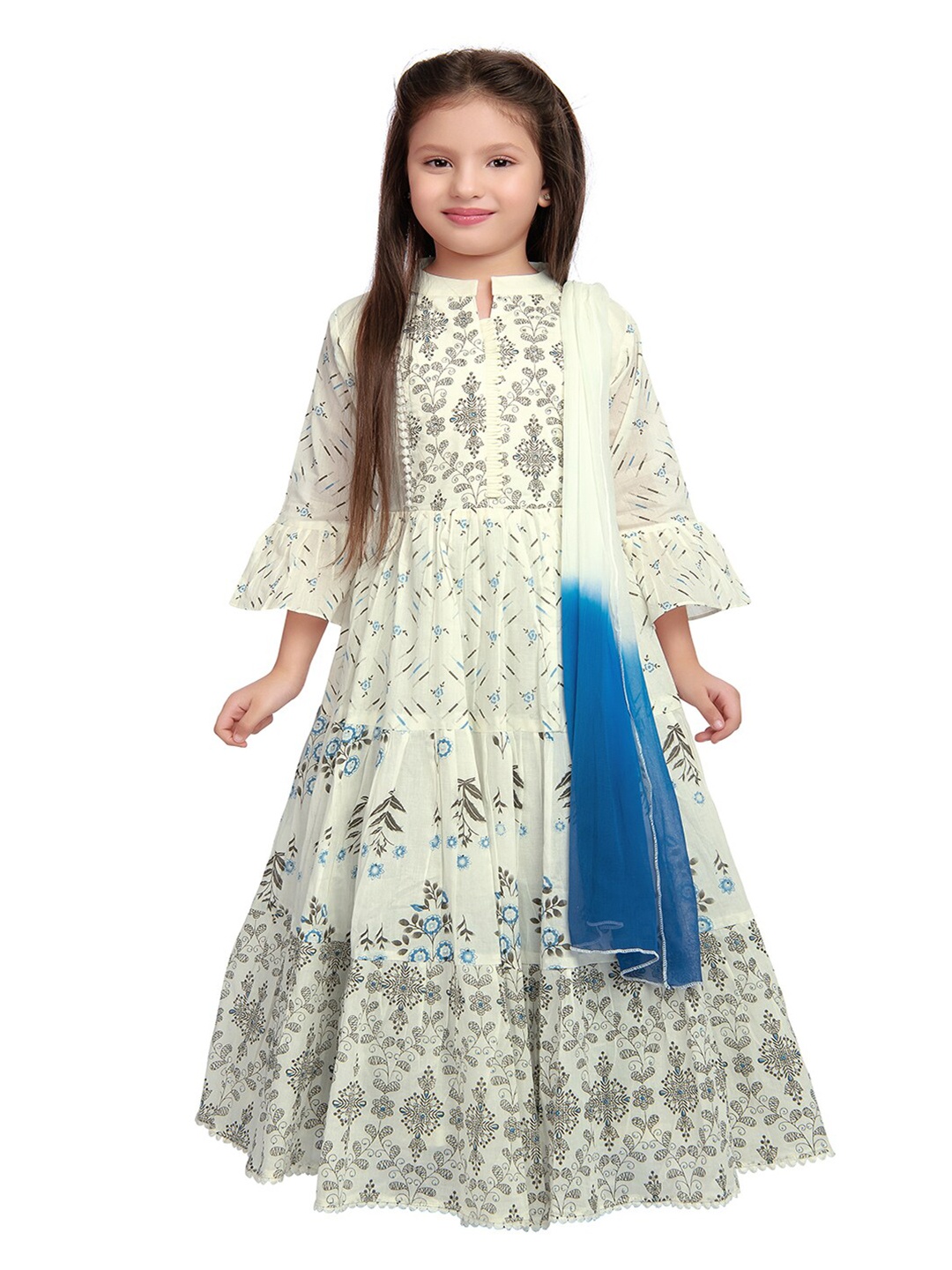

Tiny Kingdom Cream-Coloured Floral Embroidered Maxi Gown with Leggings and Dupatta