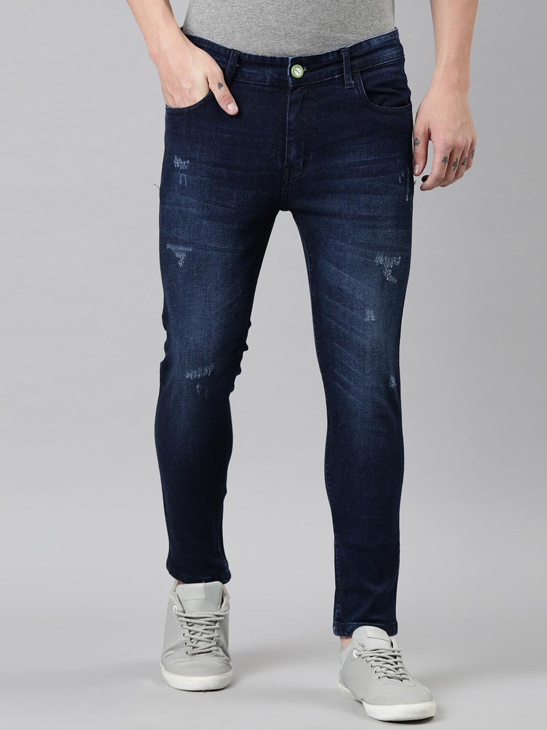 

CINOCCI Men Blue Jean Slim Fit Low Distress Light Fade Stretchable Jeans
