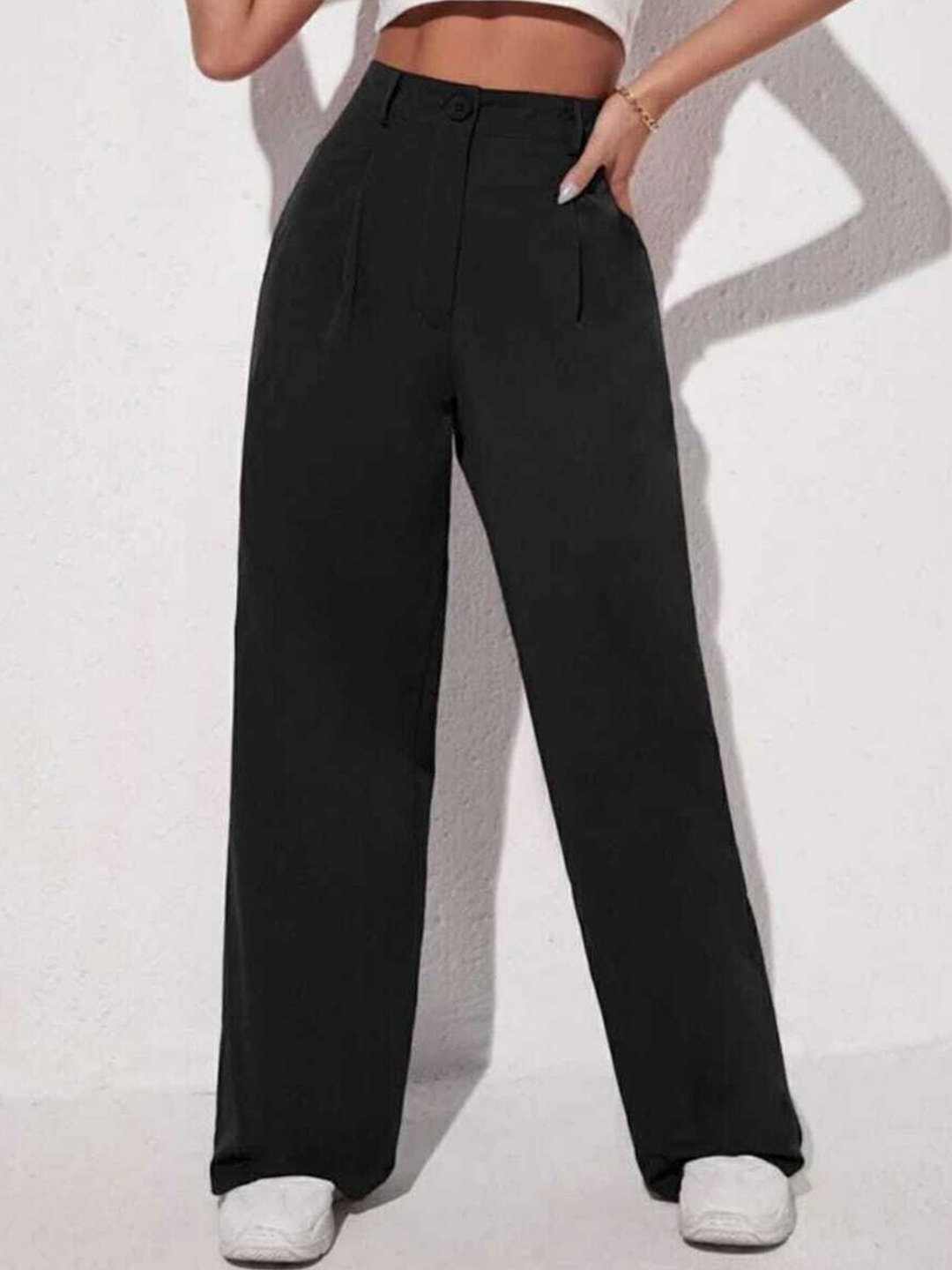

BROADSTAR Women Black Relaxed Straight Leg Loose Fit High-Rise Easy Wash Pleated Trousers