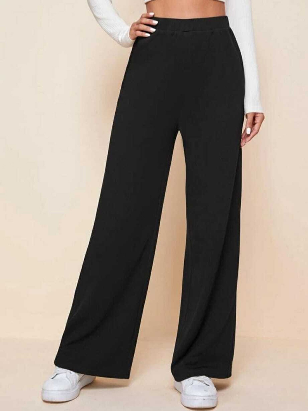 

BROADSTAR Women Black Relaxed Straight Leg Loose Fit High-Rise Easy Wash Trousers