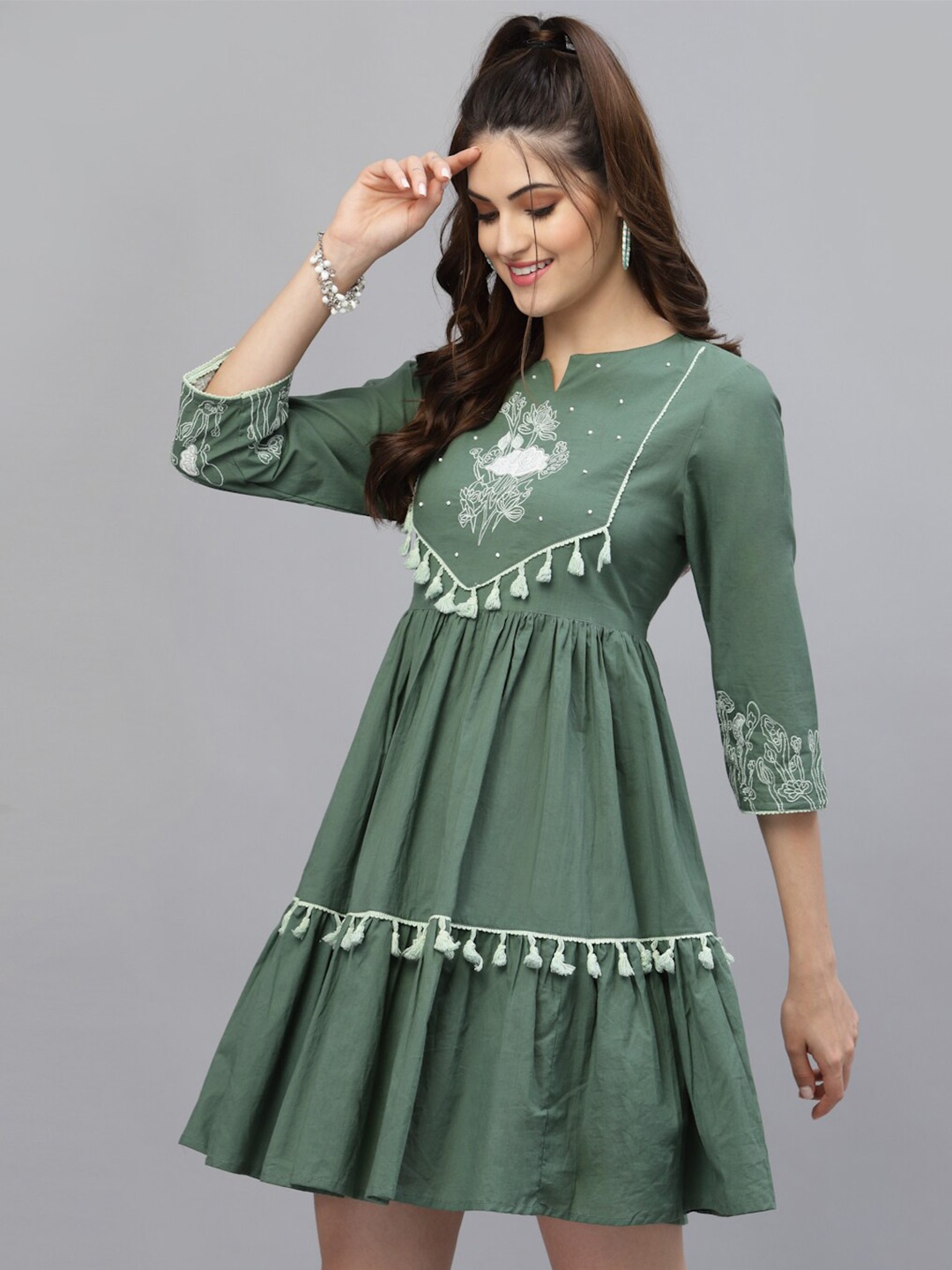 

Ragavi Women Olive Green Empire Mini Dress