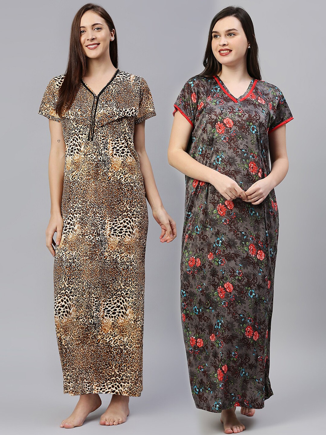 

Pretty Awesome Pack Of 2 Brown & Grey Printed Maxi Nightdress