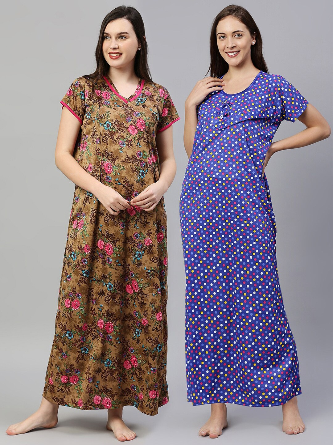 

Pretty Awesome Pack Of 2 Blue & Brown Printed Maxi Nightdress
