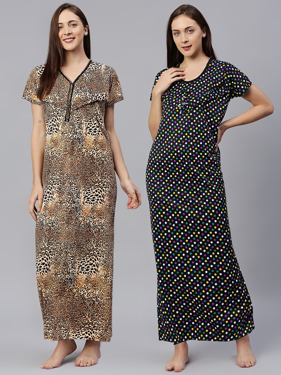 

Pretty Awesome Women Pack Of 2 Black Printed Maternity Maxi Nightdress