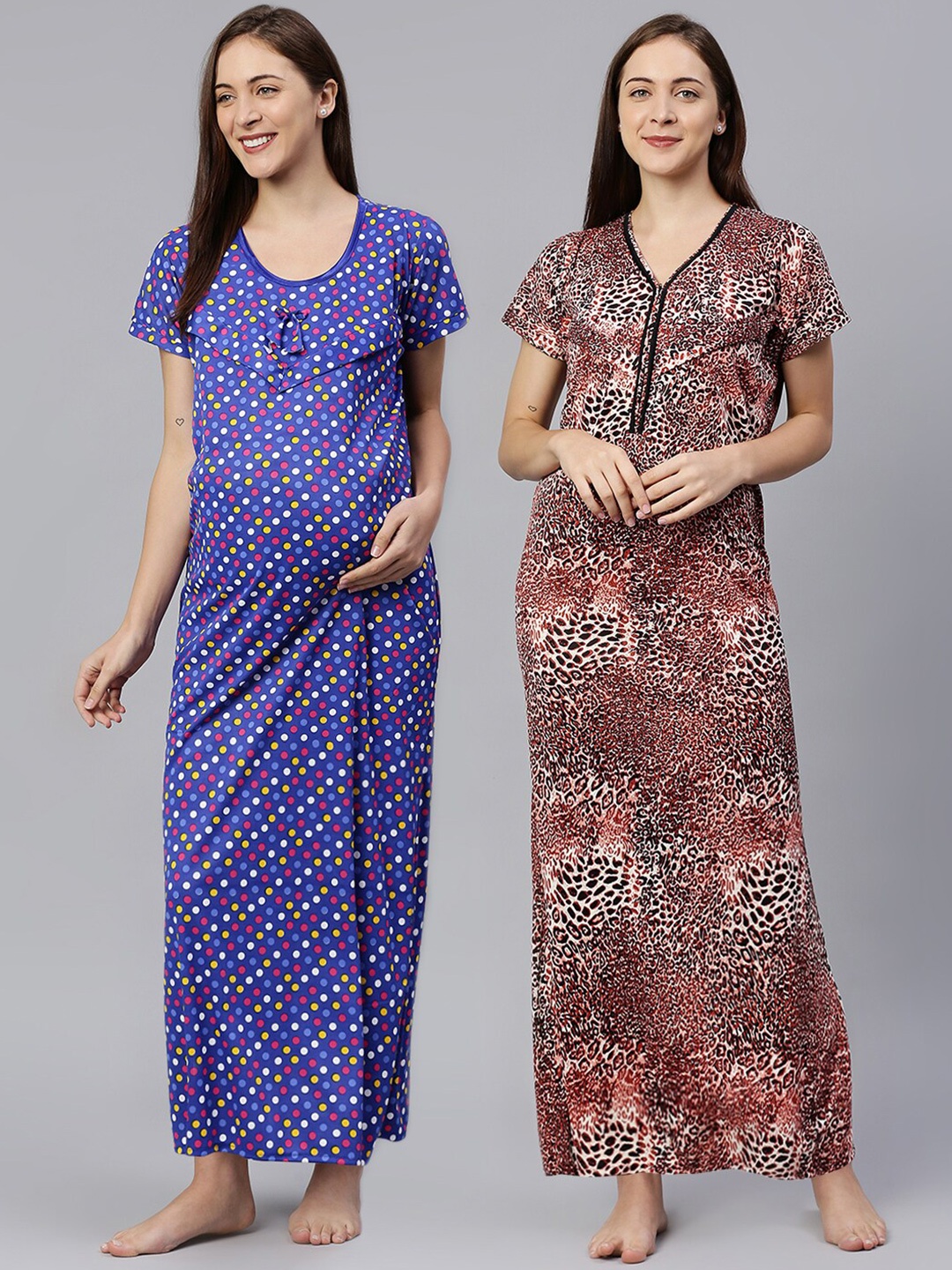 

Pretty Awesome Women Pack of 2 Maternity Blue Printed Maxi Nightdress