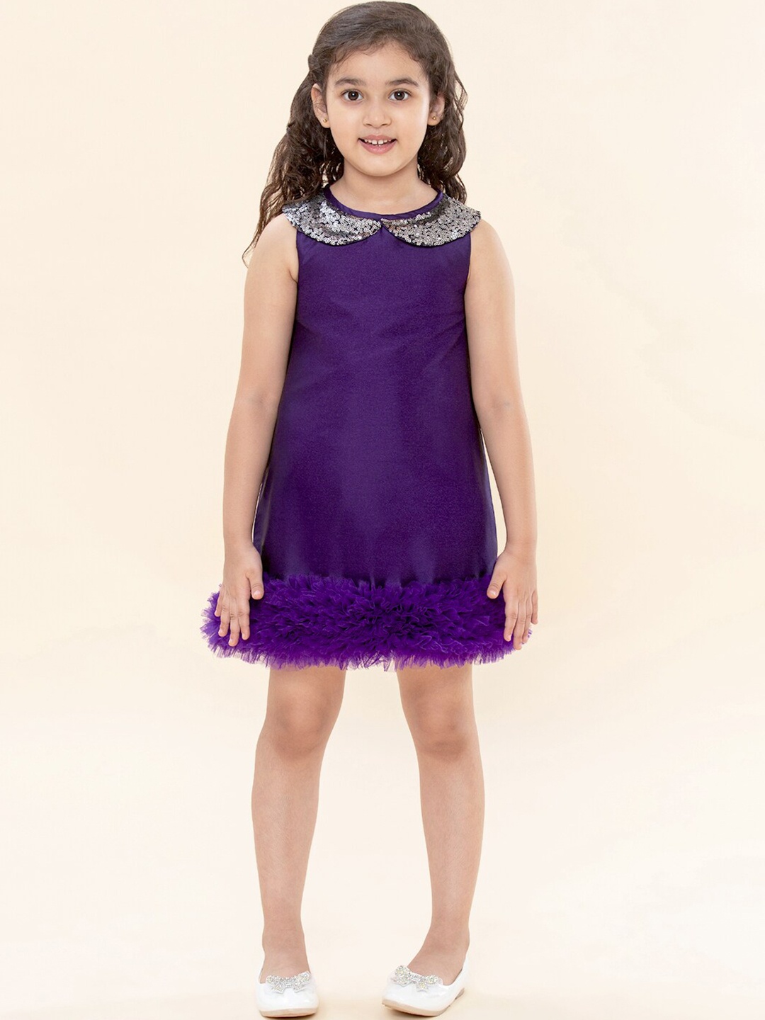 

A T U N GirlsPurple Embellished Peter Pan Collar A-Line Dress, Purple
