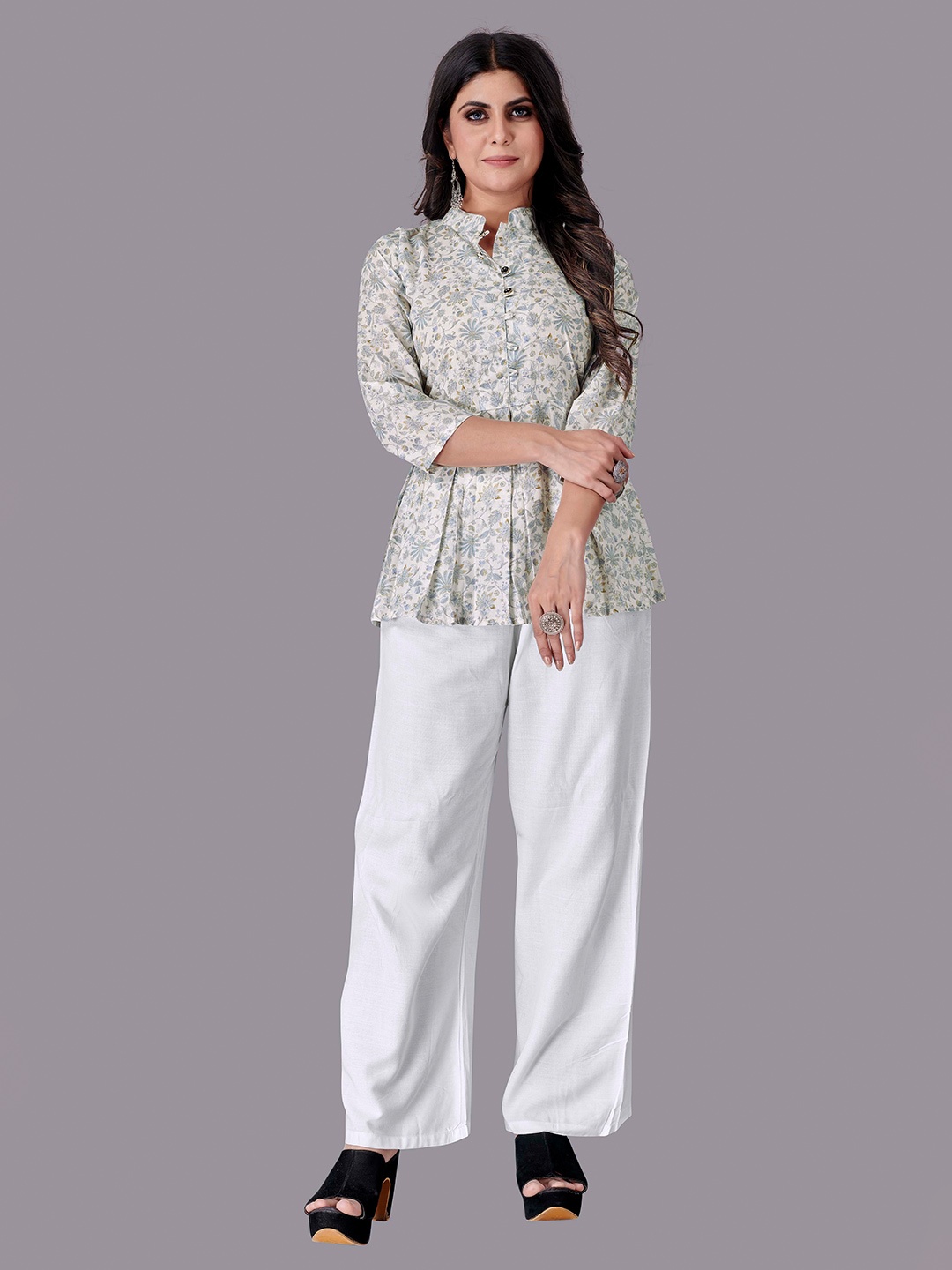 

Fashion FRICKS White Floral Print Mandarin Collar Shirt Style Longline Top