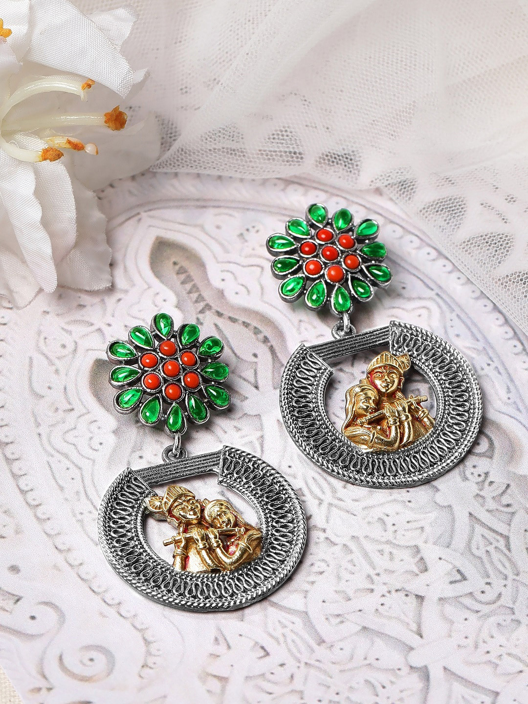 

Rubans Oxidised Silver & Gold Dual Plated Green & Orange Stone With God Motif Drop Earring