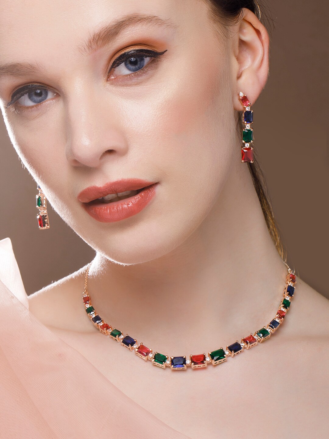 

Rubans Gold-Plated Multi-Coloured AD-Studded Jewellery Set, Red