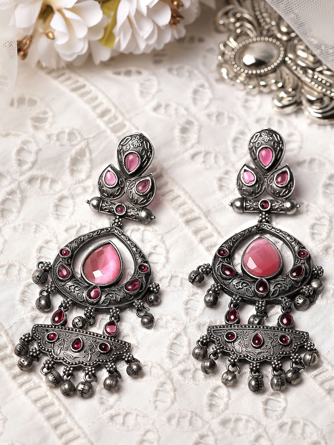 

Rubans Silver-Toned & Pink Classic Drop Earrings