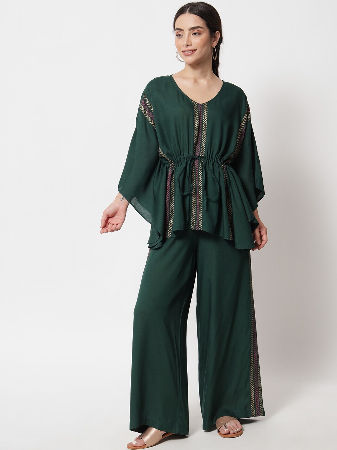 

9rasa Women Green Hand Block Printed Kimono Co-Ords