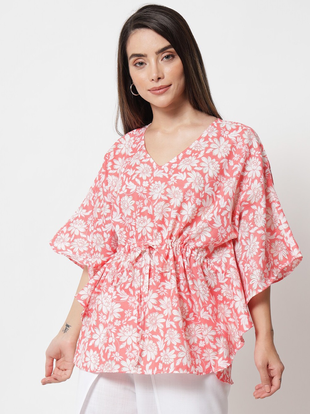 

9rasa Pink Floral Print Kaftan Top