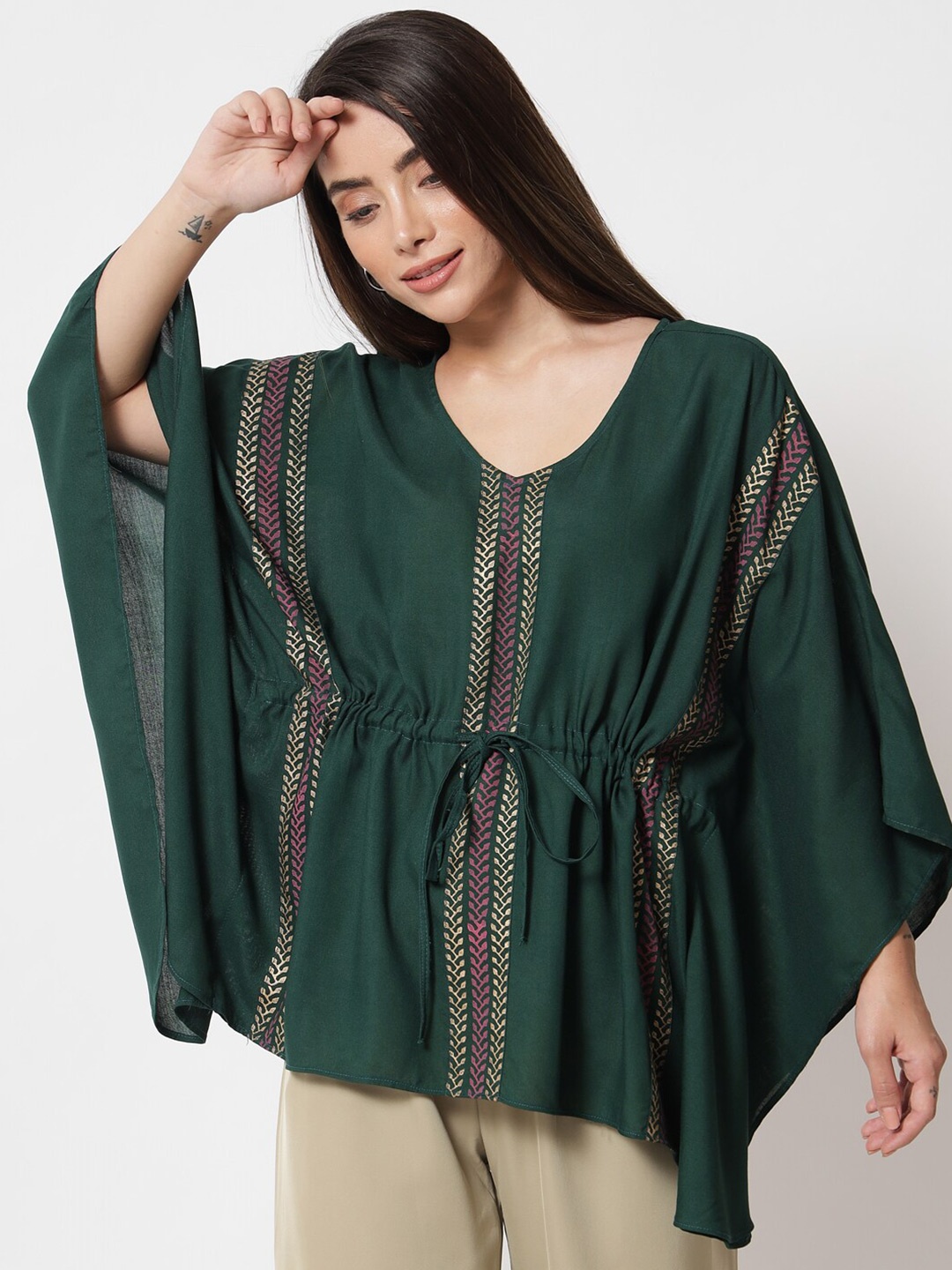 

9rasa Green Placement Print Kaftan Top