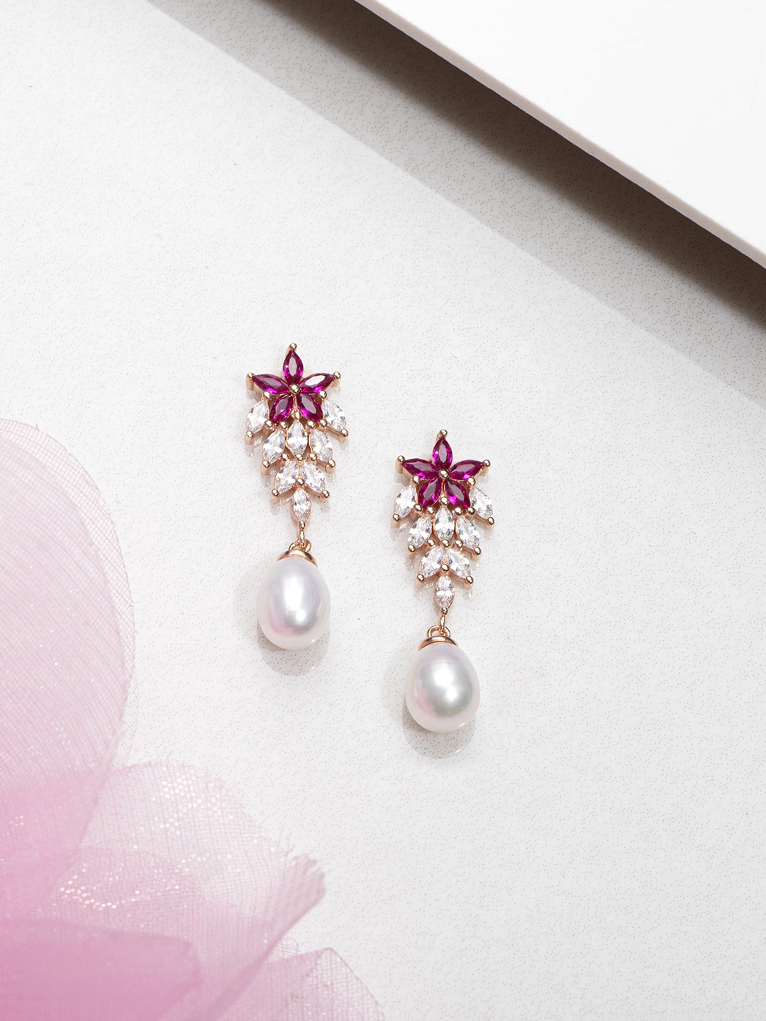 

Zavya 925 Sterling Silver Rose Gold-Plated & Pink Floral Drop Earrings