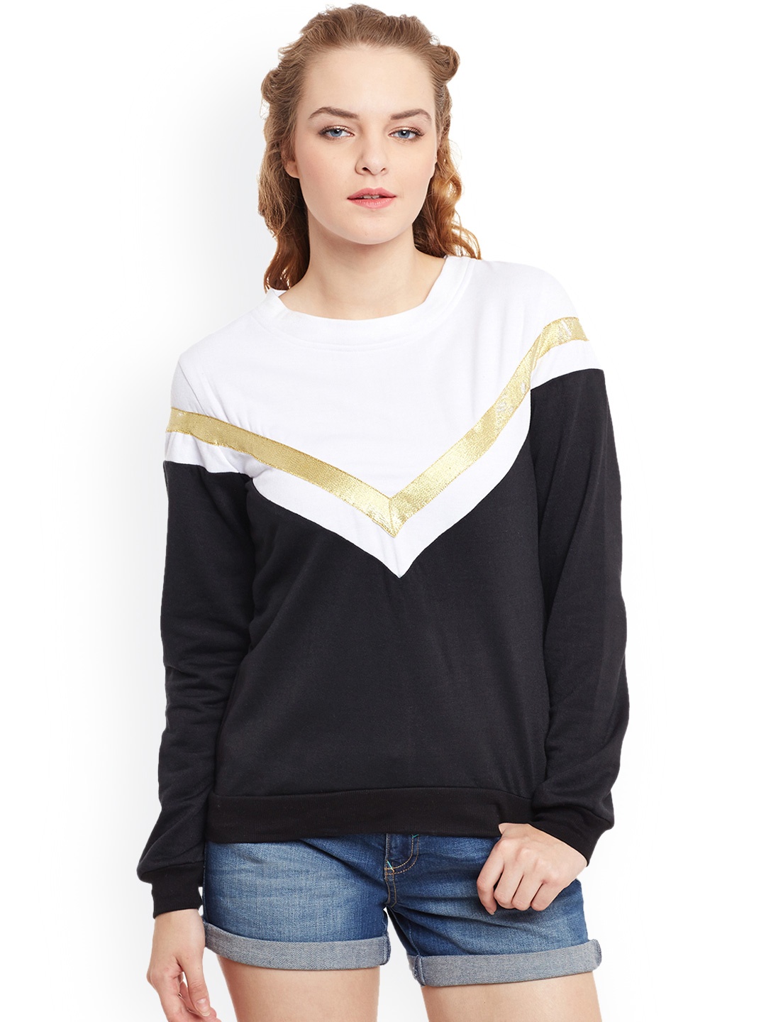

THE SILHOUETTE STORE Women Black & White Solid Sweatshirt