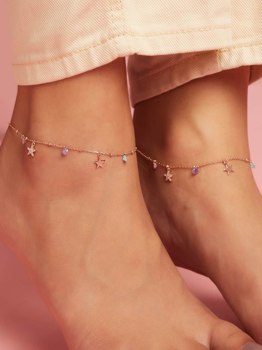 

Zavya Set of 2 925 Sterling Silver Anklets, Rose gold
