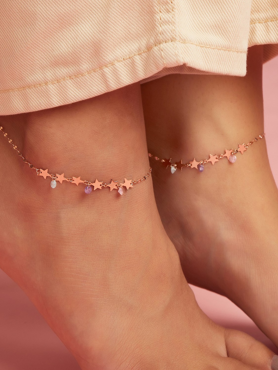 

Zavya Set of 2 925 Sterling Silver Anklets, Rose gold