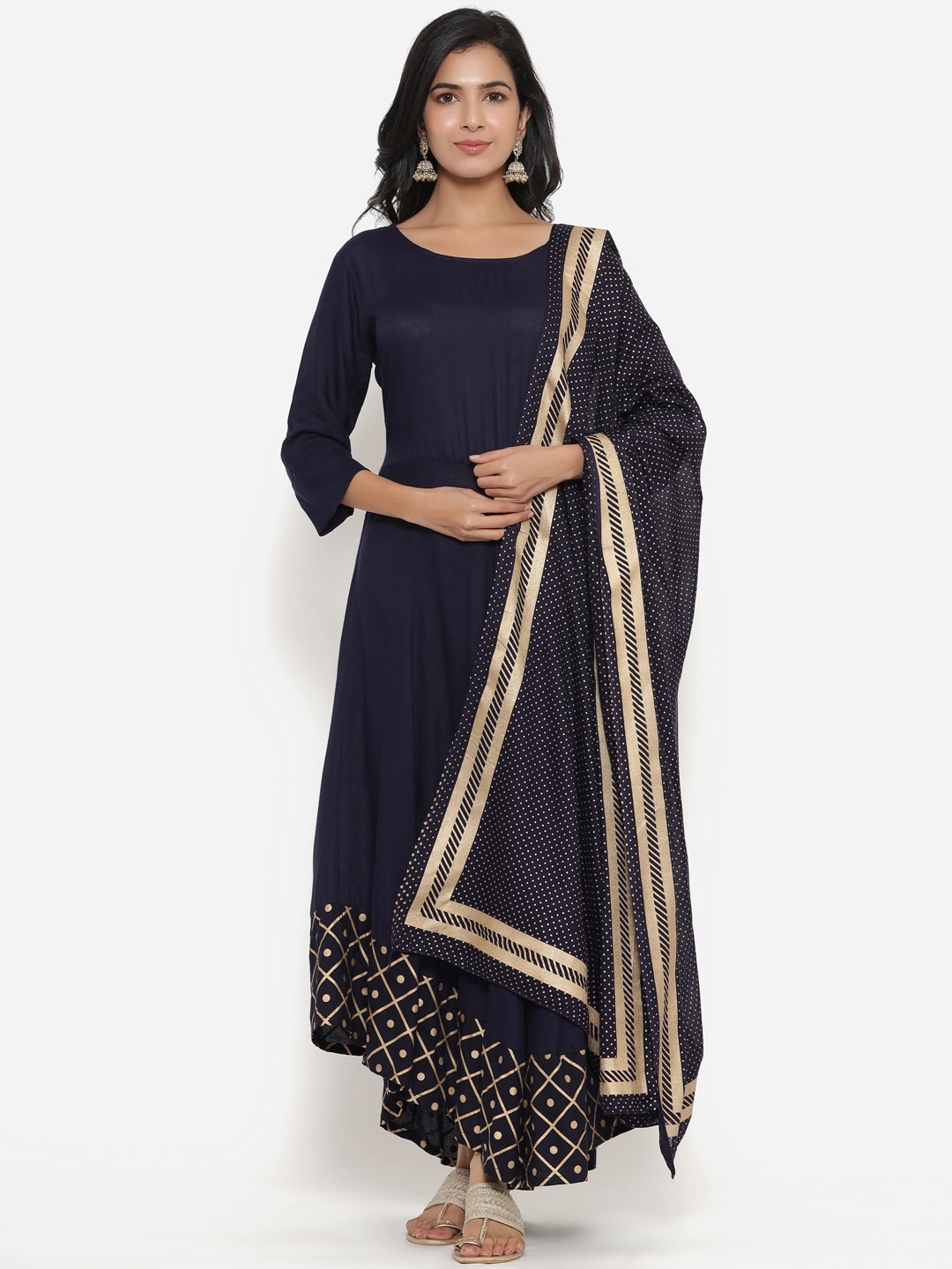 

SBR BABA KURTI Women Blue Striped Flared Sleeves Mirror Work Anarkali Kurta