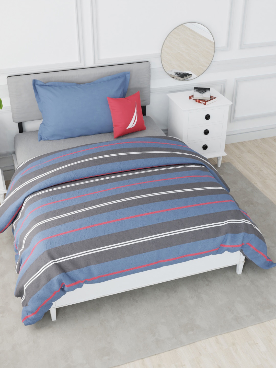 

Nautica Blue & Grey Striped 150 GSM Pure Cotton Single Bed Quilt