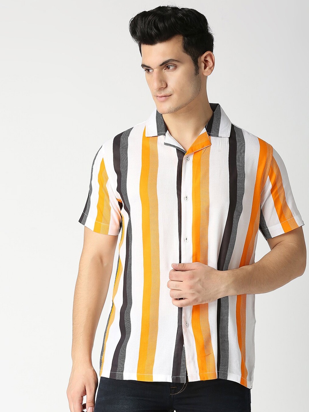

MOD ECRU Men Orange Relaxed Boxy Striped Casual Shirt
