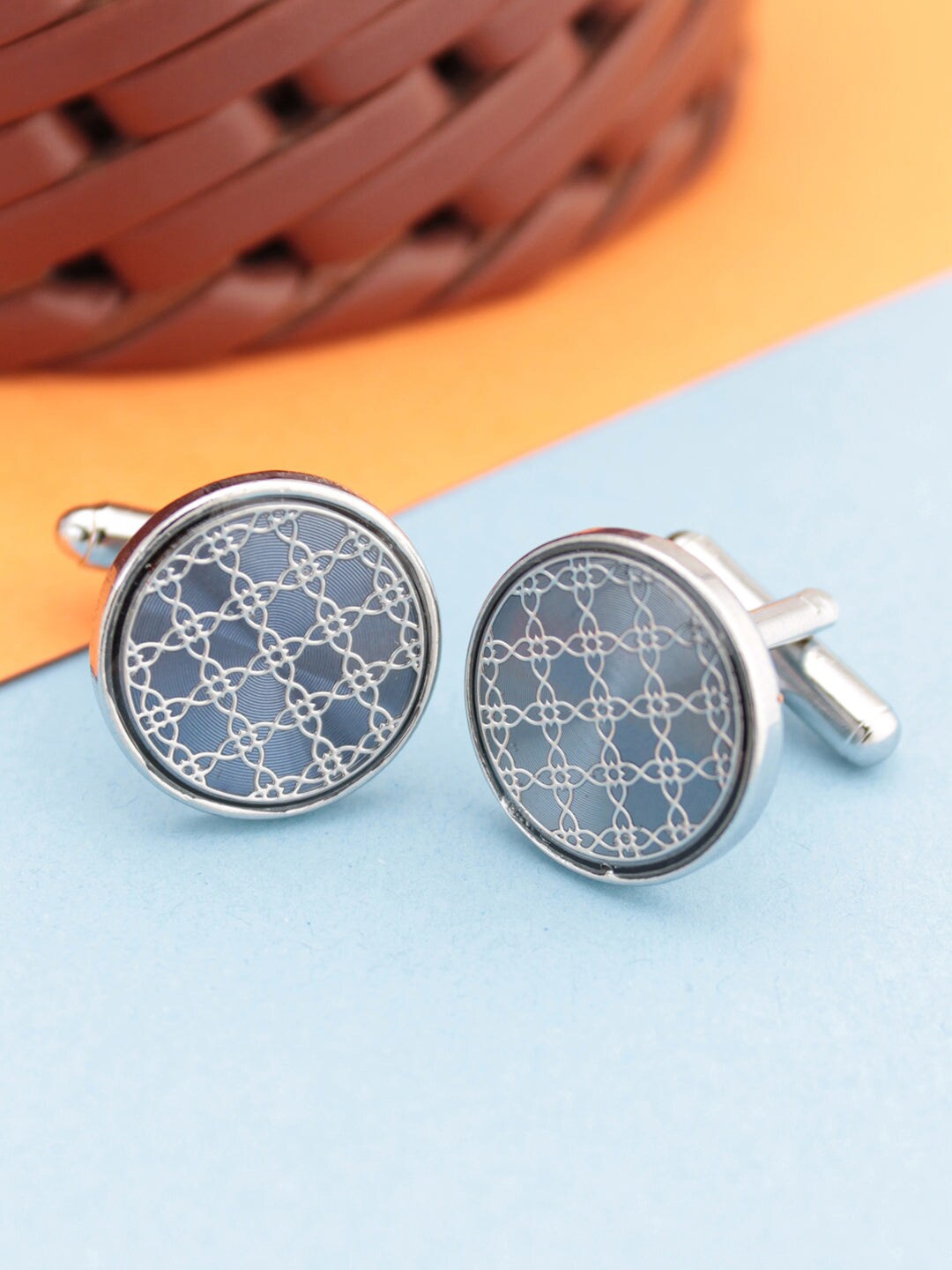 

Kavove Blue & Silver-Toned Round Cufflink