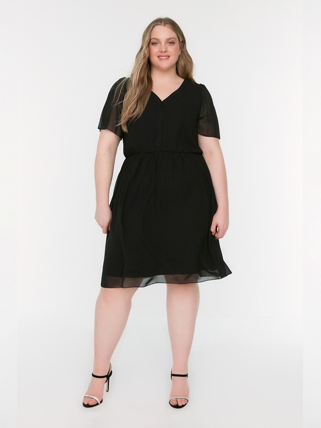 

Trendyol Women Plus Size Black Solid V-Neck Fit and Flare Dress