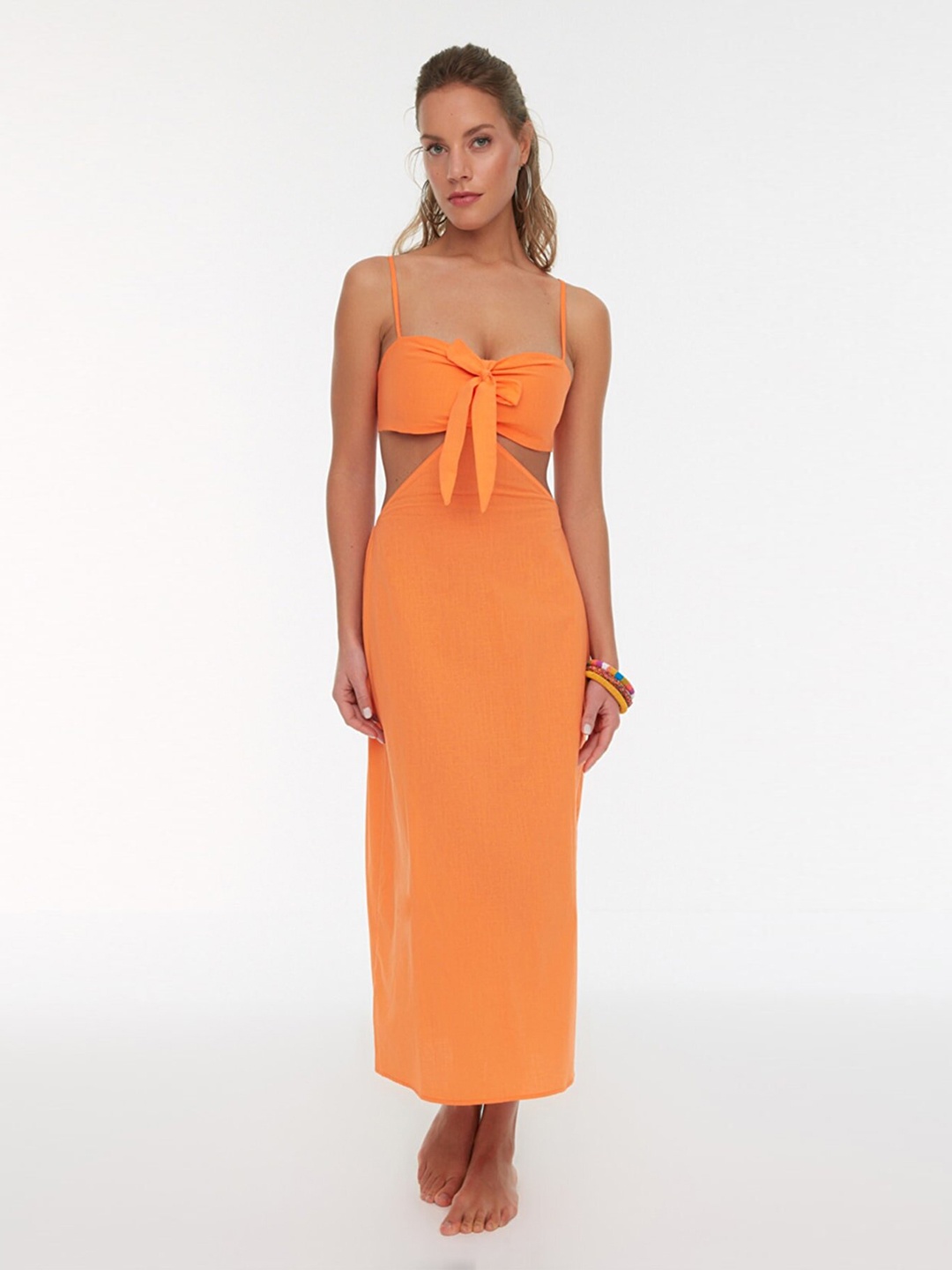 

Trendyol Women Orange Solid Sleeveless Shoulder Straps Maxi Dress