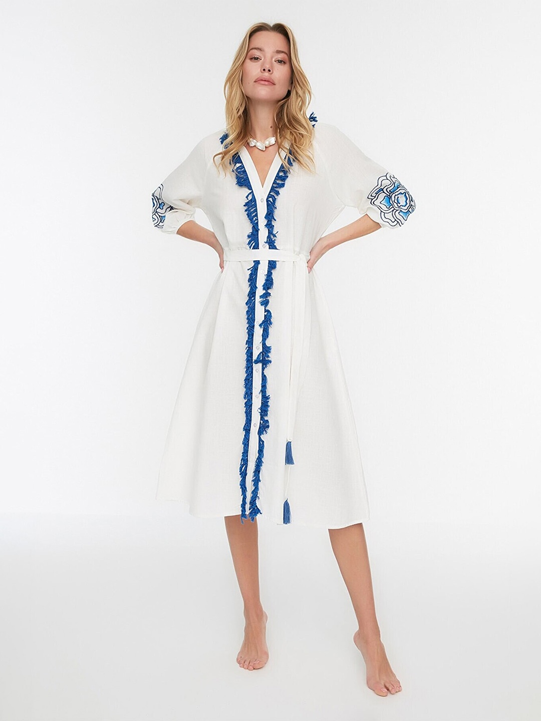 

Trendyol White & Blue Embroidered A-Line Dress
