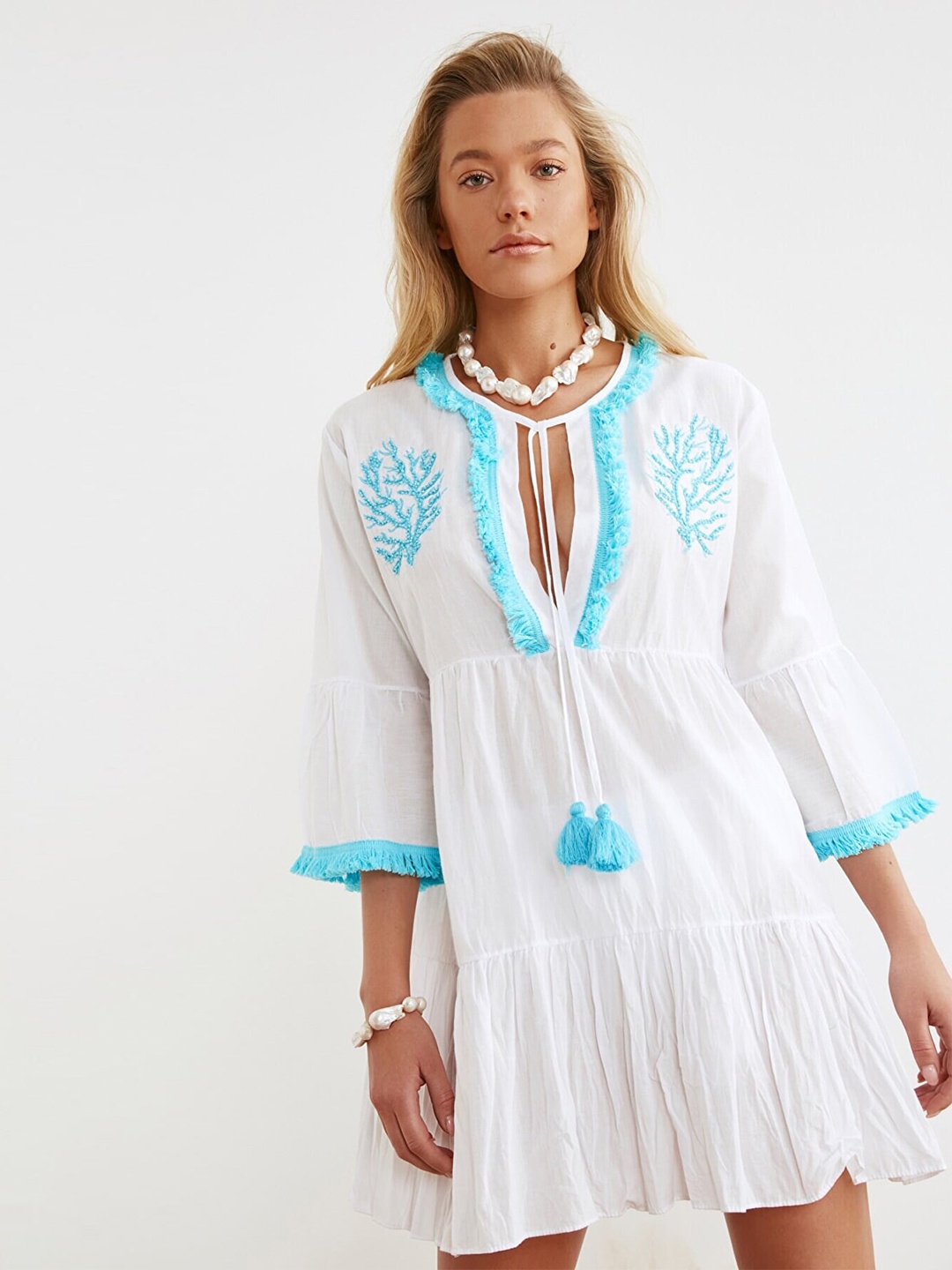 

Trendyol White & Blue Tie-Up Neck Dress