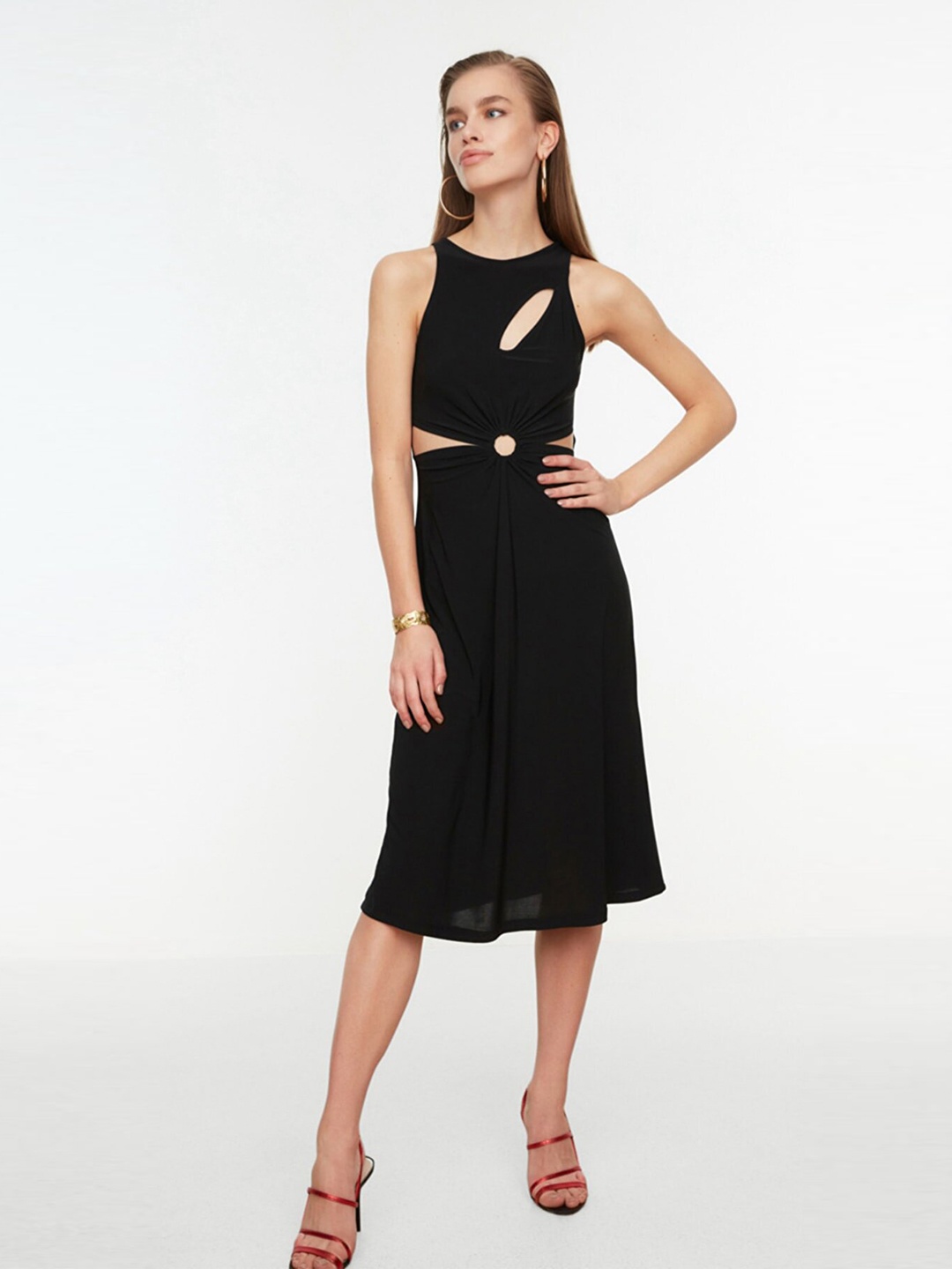 

Trendyol Women Black Solid A-Line Midi Dress