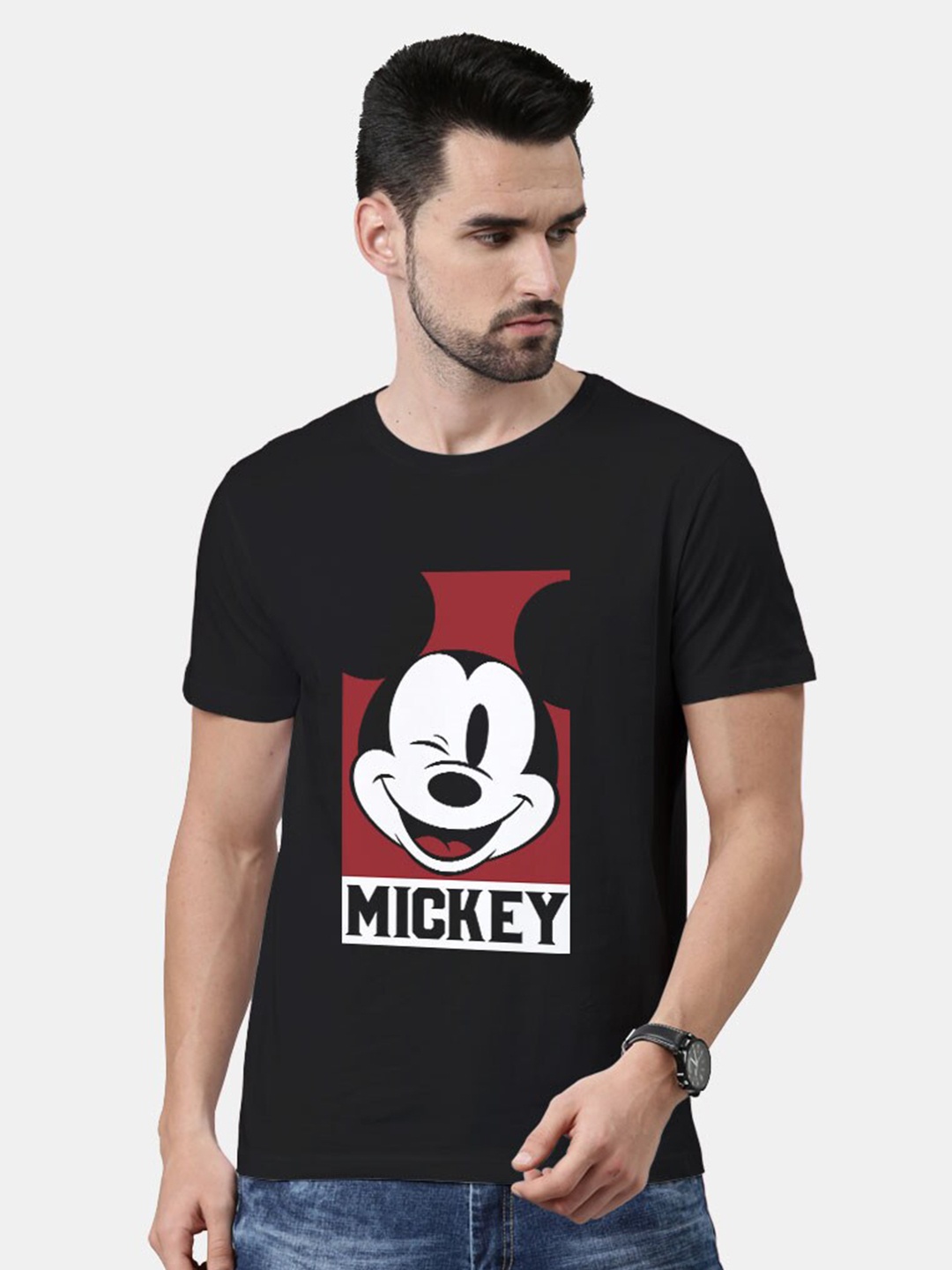 

macmerise Men Black Mickey Mouse Printed Bio Finish CottonT-shirt