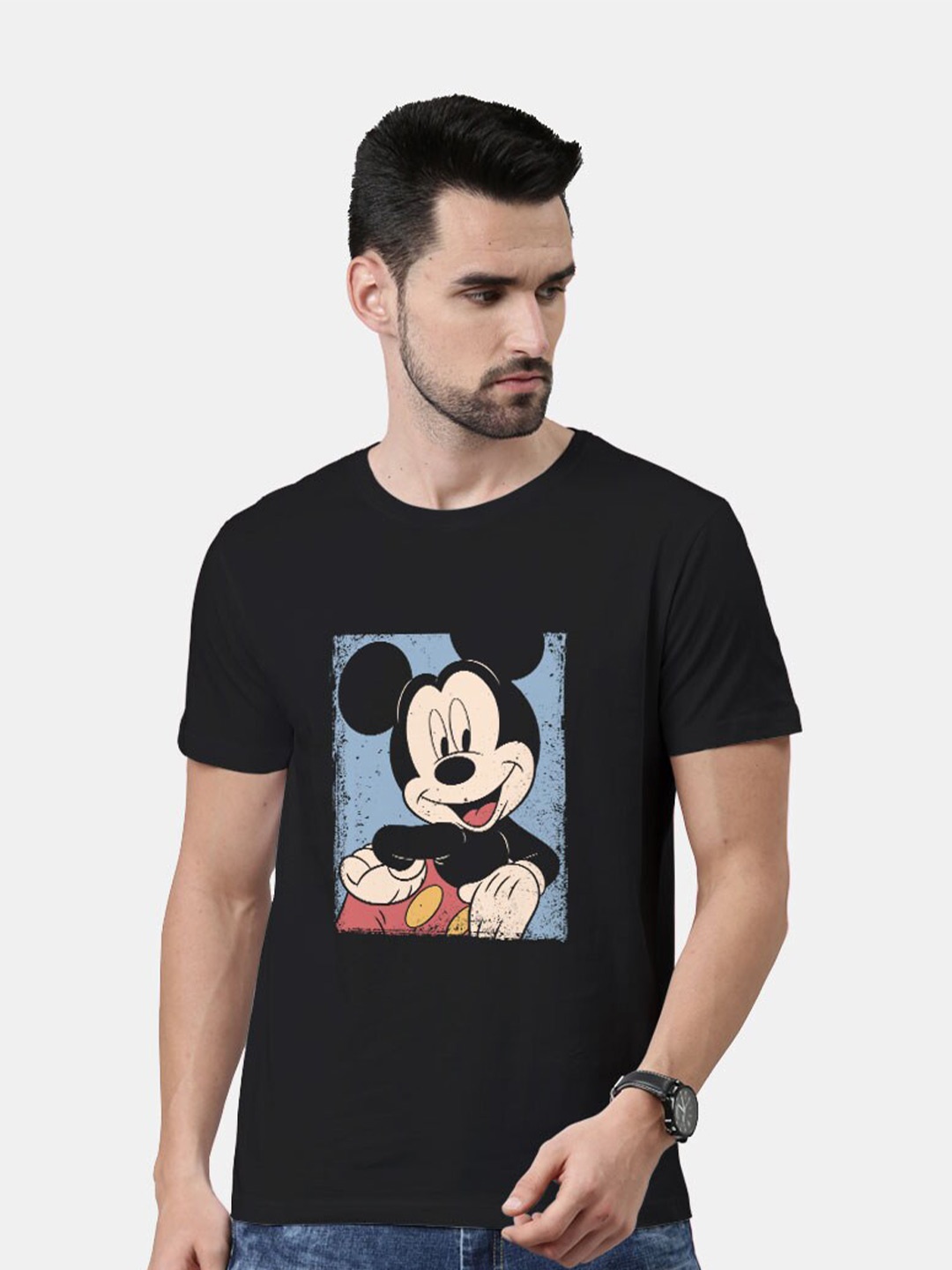 

macmerise Men Black Mickey Mouse Printed Bio Finish T-shirt