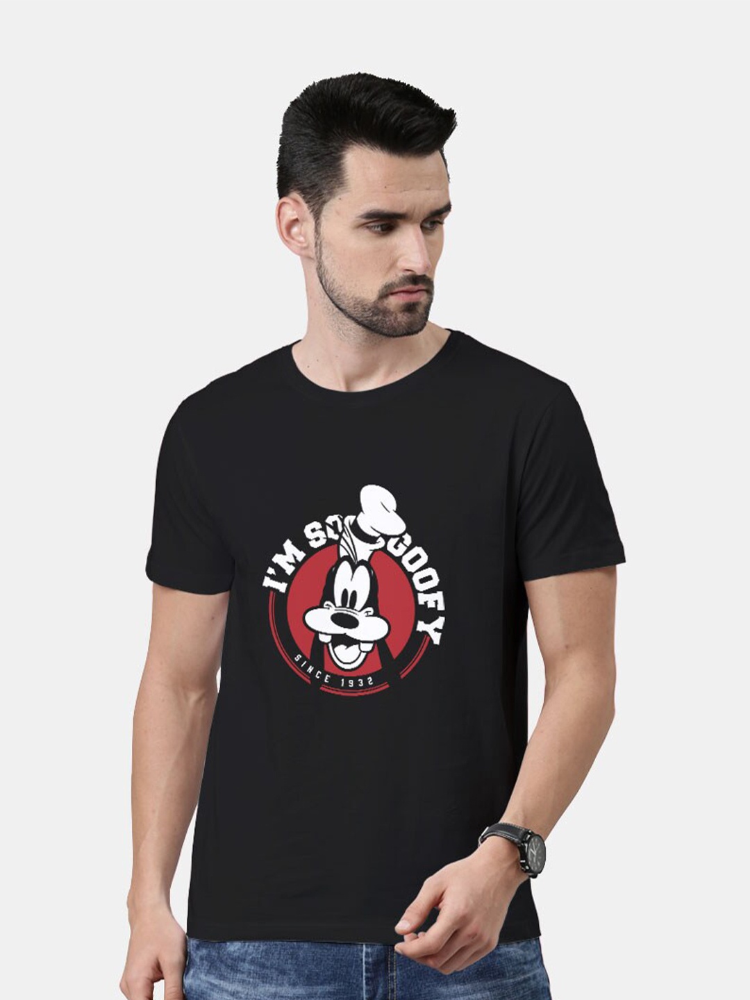 

macmerise Men Black Mickey Mouse Printed Bio Finish Cotton T-shirt