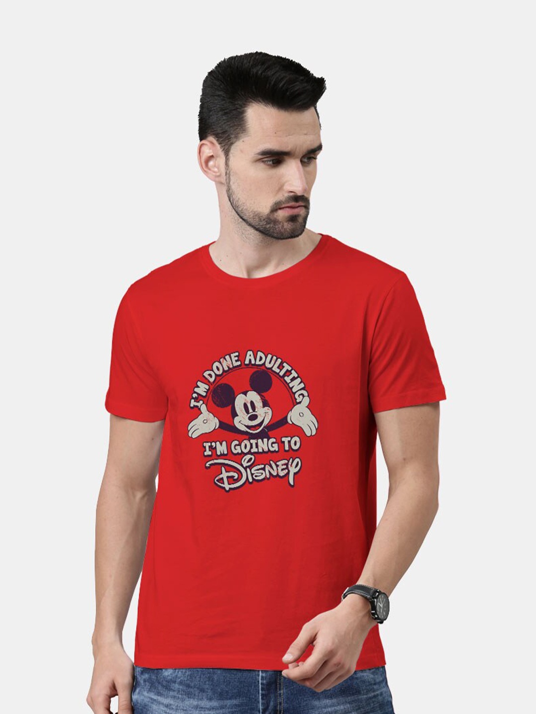 

macmerise Men Red Mickey Mouse Printed Bio Finish T-shirt