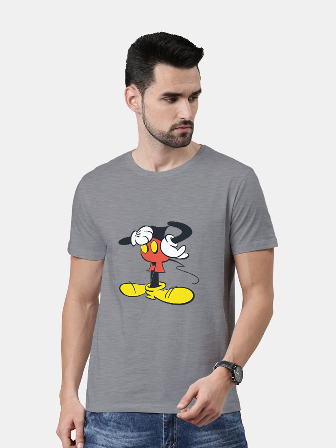 

Macmerise Men Grey Mickey Mouse Body Printed Bio Finish Applique T-shirt
