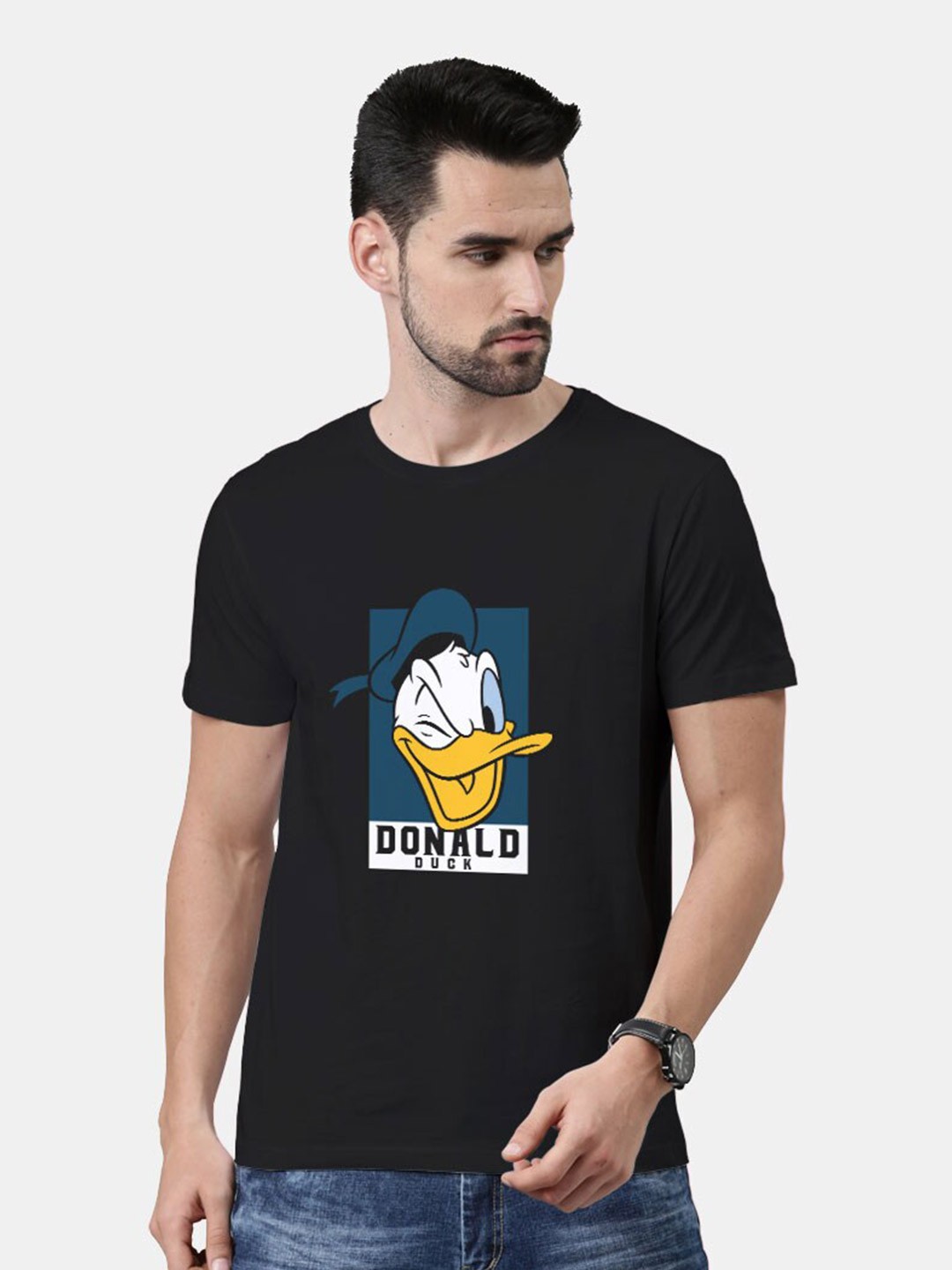 

macmerise Men Black Donald Duck Printed Bio Finish T-shirt