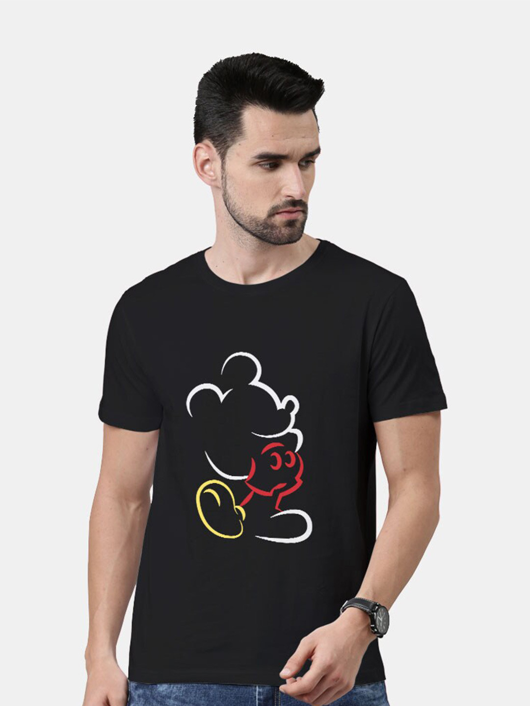 

macmerise Men Black Mickey Mouse Printed Bio Finish T-shirt